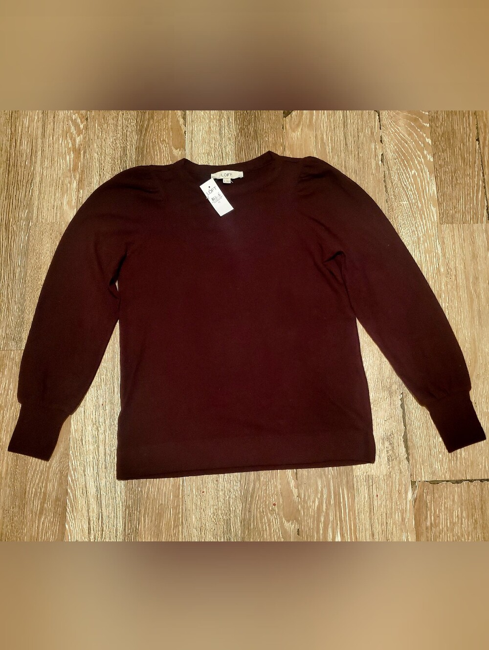LOFT Women's Deep Brown Crewneck Sweater With Puff Sleeves